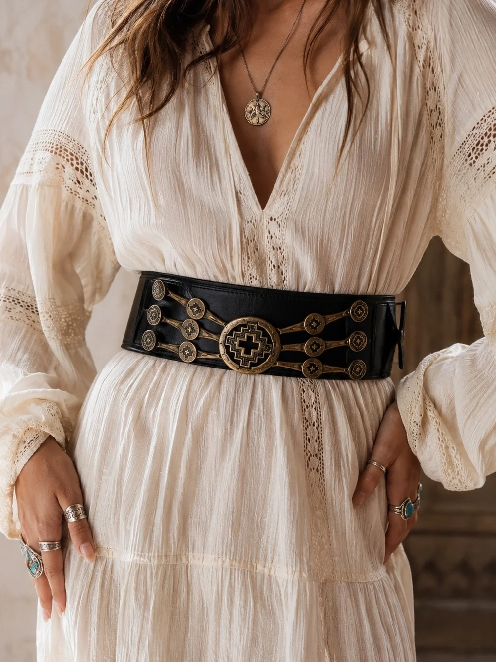 Genuine Leather Southwestern Concho Waist Belt Black Wide Western Boho Festival